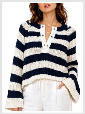 Anthropologie Pilcro Striped Cropped Henley Sweater Navy Cream XXS